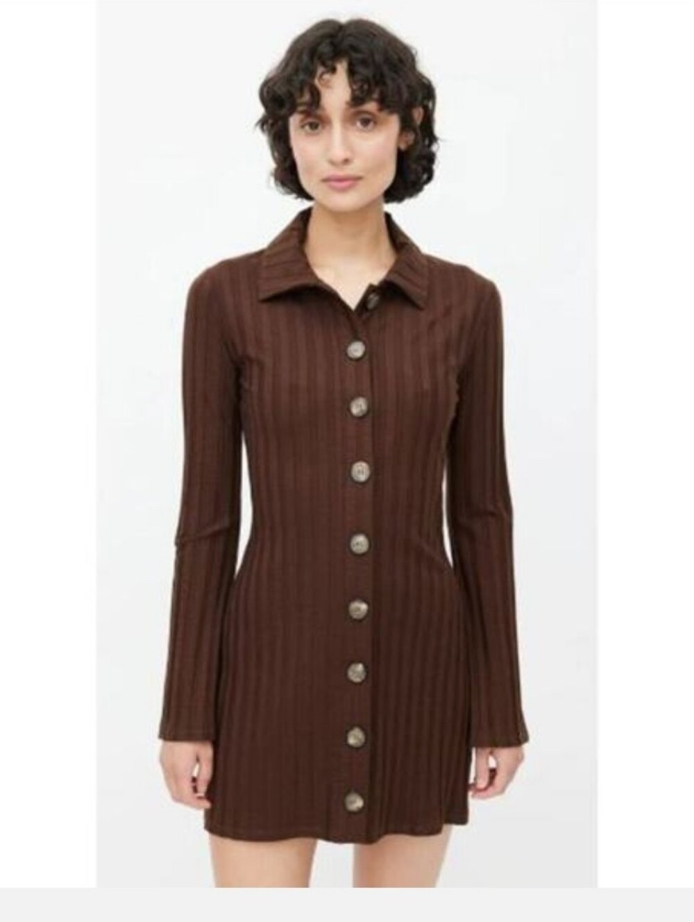 Reformation Brown Ribbed Button Front Mini Dress Size S